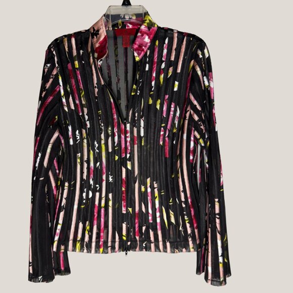 JS Collections Black Floral Mesh Zip-Up Jacket Top - Picture 1 of 6